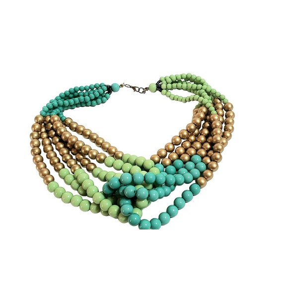 Vintage Multi-Strand Beaded Turquoise Gold Lime Green Criss Cross Necklace - Picture 2 of 5